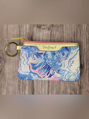 LILLY PULITZER ID Case Wallet Keychain In Shade Seekers Saltwater Blue Pink